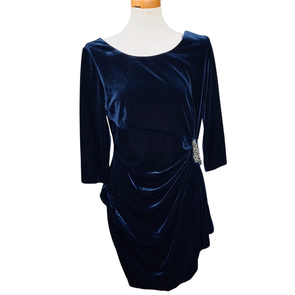 ALEX EVENINGS Womens 14 Navy Blue Velvet Beaded Rhinestone Ruched Cocktail Dress